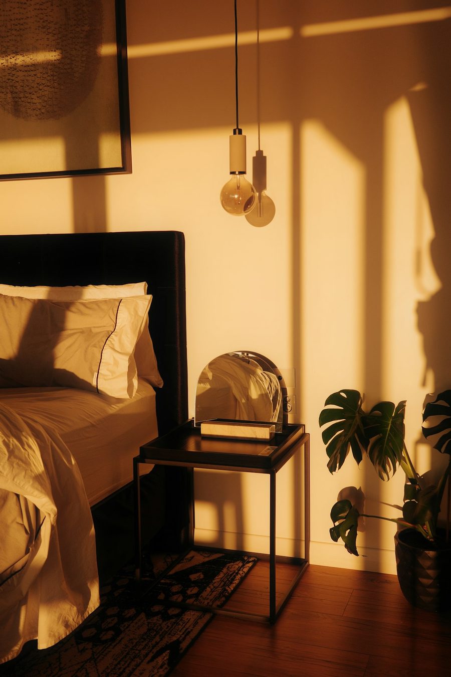A calm bedroom bathed in warm morning light