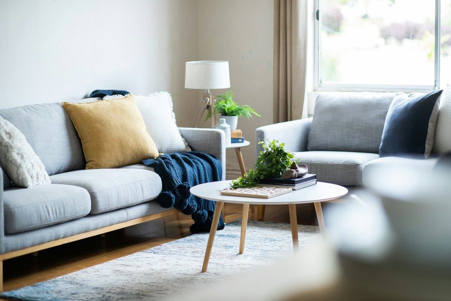A bright, welcoming living room with a sofa and large windows